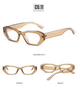 Three-view display of geometric cat-eye tea brown transparent sunglasses with C0.11 code