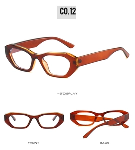 Detail view of tortoiseshell geometric sunglasses frame from front, back, and side angles