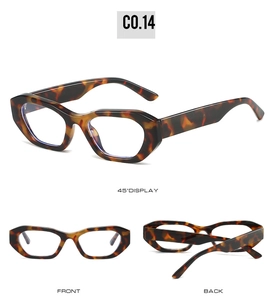 Detailed views of tortoise shell geometric sunglasses from front, back and 45-degree angles