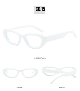 Detailed views of white geometric sunglasses frames from front, back, and 45-degree angles