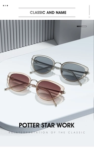 Detail of cat eye sunglasses with metal bridge and translucent frames on geometric stand