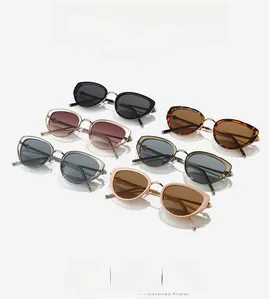 Cat-eye sunglasses detail showing assorted frame colors and metal temples for UV protection