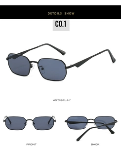 Detailansicht der unregelmäßigen Metall Sonnenbrille mit matt schwarzem Rahmen und UV-Schutz