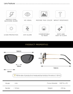 Detailed dimension guide for model 1051 cat eye sunglasses with metal and PC frame specs