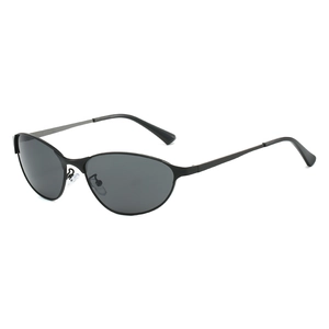 Minimalist black oval metal sunglasses with dark gray UV lenses shown from a 45-degree angle