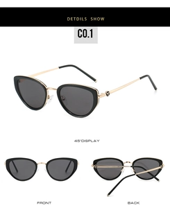 Detailed views of black cat-eye sunglasses with slim golden temples and comfort tips
