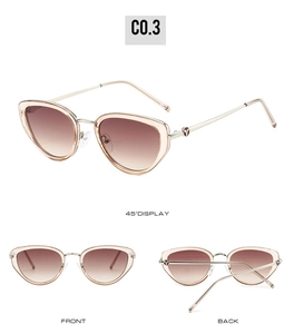 Three-view layout of champagne cat-eye sunglasses with gold metal temples and gradient lenses