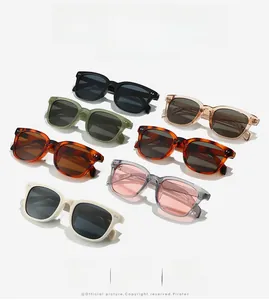 Flat lay of square sunglasses in assorted colors like black, olive green, and champagne