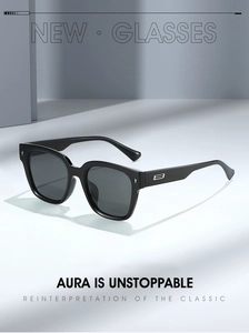 Close-up of TR90 square sunglasses with silver vertical pins and metal logo detail