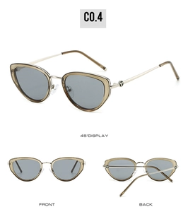 Three-view display of cat-eye sunglasses in tea-colored frames with gold metal temples