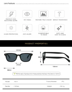 Detailed sizing chart and technical specifications for square frame UV400 sunglasses