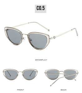 Three-view display of cat-eye sunglasses with champagne frames and grey lenses
