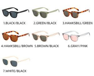 Flat lay view of retro square sunglasses in seven assorted frame and lens colors