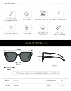 Detailed size chart for unisex TR90 square sunglasses with 150mm width and PC frame specs