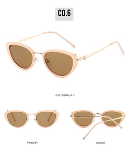 Multi-angle view of pink cat eye sunglasses with gold temples and brown lenses