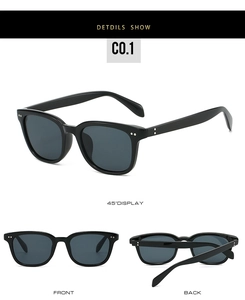 Three-view detail of square black sunglasses with silver rivet accents and grey lenses