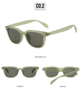 Multiple views of square light green sunglasses with dark grey lenses and metal accents