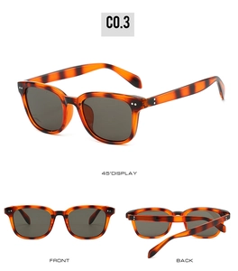 Three-angle view of tortoiseshell square sunglasses with dark lenses and silver rivets