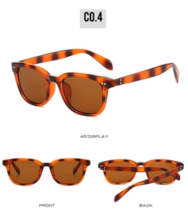 Three-angle display of square tortoiseshell sunglasses with brown lenses in 45-degree views