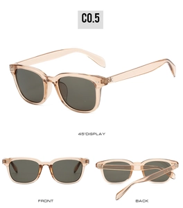 Three-way view of square champagne sunglasses showing front back and 45-degree angle