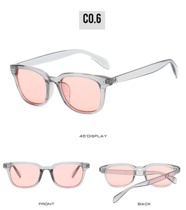 Three-view display of square transparent gray sunglasses with pink lenses and 45-degree angle
