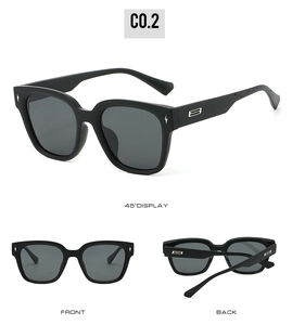 Three views of TR90 square sunglasses with silver star rivets and metallic side details