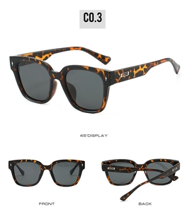 Detail view of tortoiseshell TR90 sunglasses with B logo and UV protection lenses