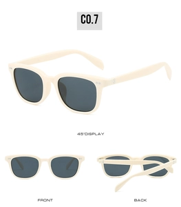 Detailed views of vintage square cream sunglasses with dark grey lenses and metal accents