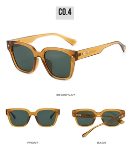 Three-angle display of amber TR90 square frame sunglasses with dark green lenses