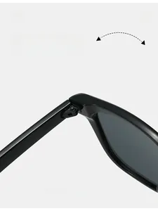 Macro detail of the durable metal hinge on stylish black square frame sunglasses