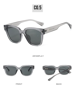 Three-view display of TR90 square frame sunglasses showing front, back, and 45-degree angle