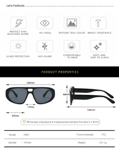 Infographie détaillée de lunettes aviateur montrant les dimensions et le matériau PC