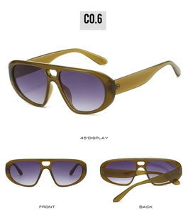 Trois vues de lunettes aviateur rétro avec monture vert olive et verres violets dégradés
