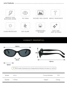 Size chart for oval cat-eye sunglasses with detailed lens width and frame dimensions