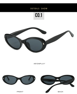 Multiple views of vintage oval sunglasses showing 45-degree angle, front and back details