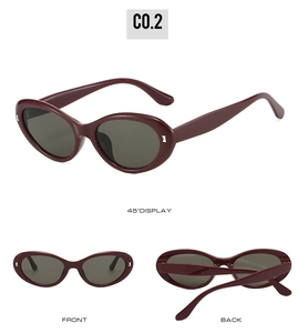 Detailed views of wine red oval sunglasses with silver I-shaped metal decorations