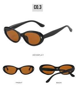Three perspectives of retro oval sunglasses with black frames and brown lenses