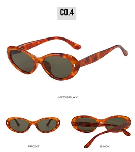 Detailed views of tortoise oval sunglasses from front, back and 45-degree angle
