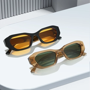 Trendy narrow rectangle sunglasses with thick frames in black and translucent amber
