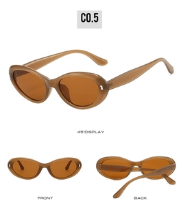Three-angle view of oval tortoiseshell sunglasses with brown lenses and retro design