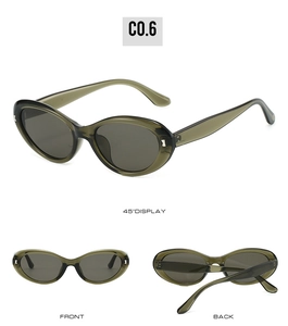 Three views of oval cat-eye sunglasses in olive green with silver rivet details