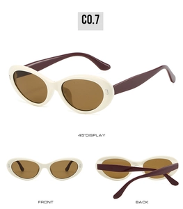 Three-angle view of oval retro sunglasses with cream frame and dark burgundy temples