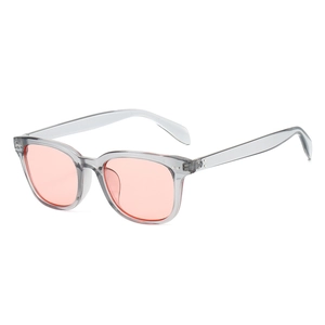 Modern square transparent grey frame sunglasses with stylish light pink tinted lenses