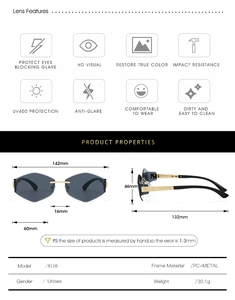 Detailed size chart for rimless irregular sunglasses with metal woven temple design