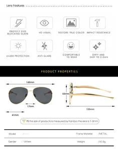 Size chart for aviator sunglasses with metal frame showing dimensions and UV400 protection