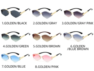 Collection of eight frameless geometric sunglasses with engraved gold metal temples