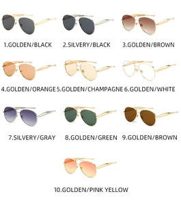 Collage of ten aviator sunglasses styles with metallic frames and various colored lenses