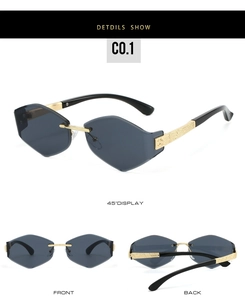 Detailed views of rimless irregular sunglasses with textured gold metal temples and dark lenses