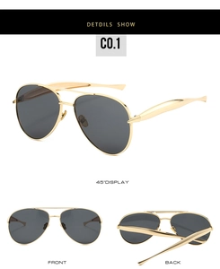 Detailed views of gold metal aviator sunglasses with dark lenses from multiple angles
