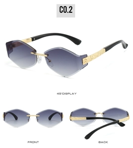 Detailed views of frameless geometric sunglasses with purple gradient lenses and gold temples